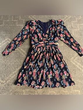 Aqua Navy Multicolor Floral Long Sleeve Pleated Dress